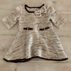 Janie and Jack bow dress brown pink and grey ivory size 18-24month